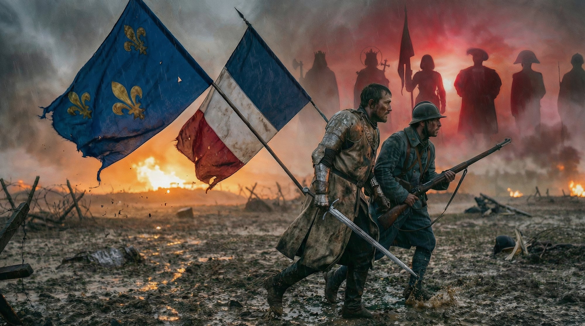Un chevalier portant la bannière fleurdelysée et un poilu portant le drapeau tricolore avancent côte à côte sur un champ de bataille sous la pluie